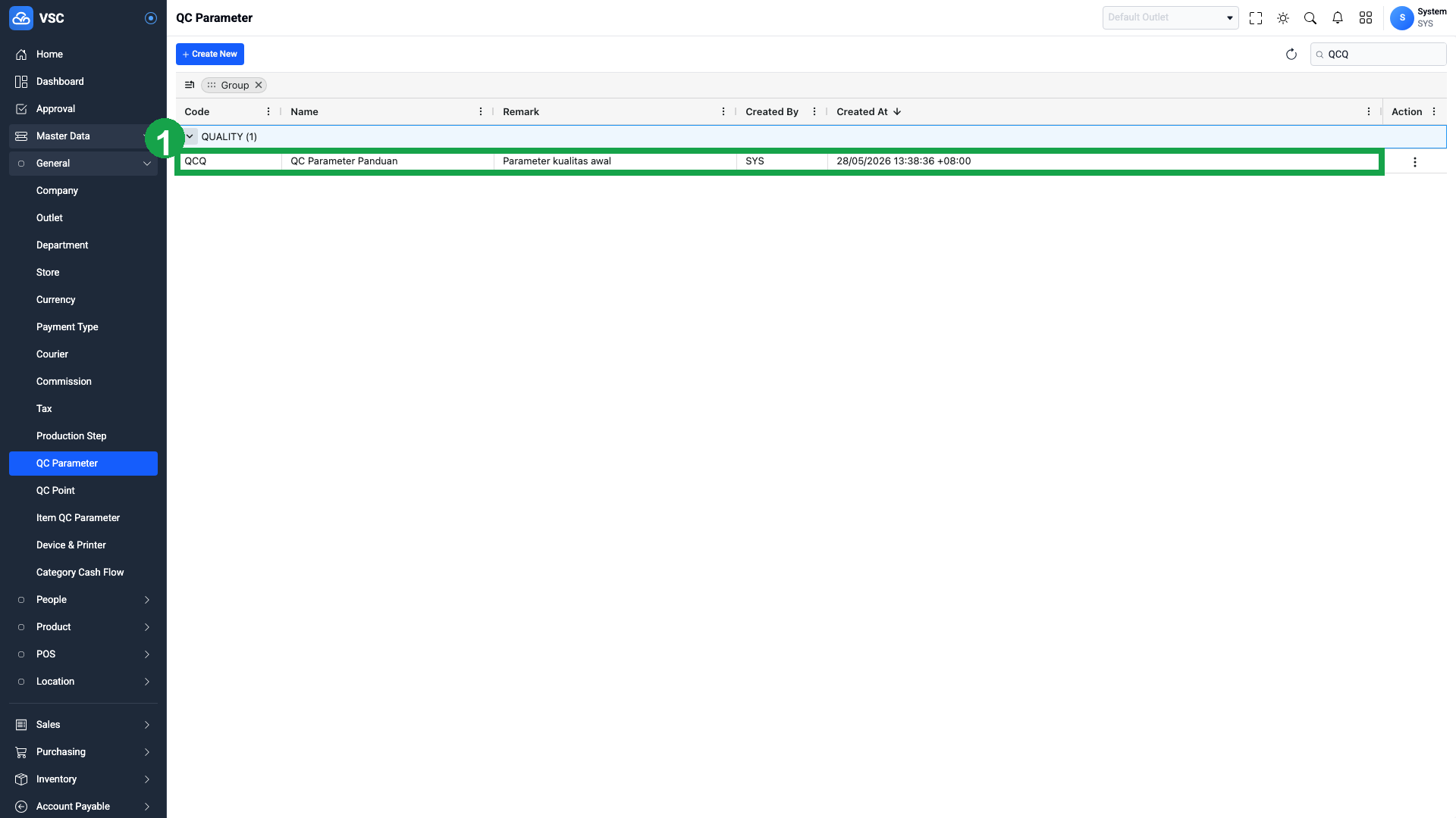 Hasil Create QC Parameter