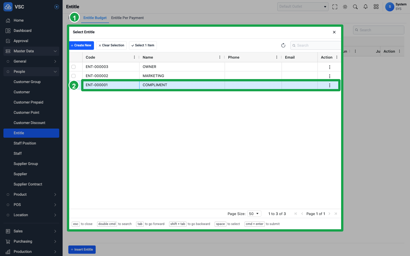Dialog Select Entitle Budget