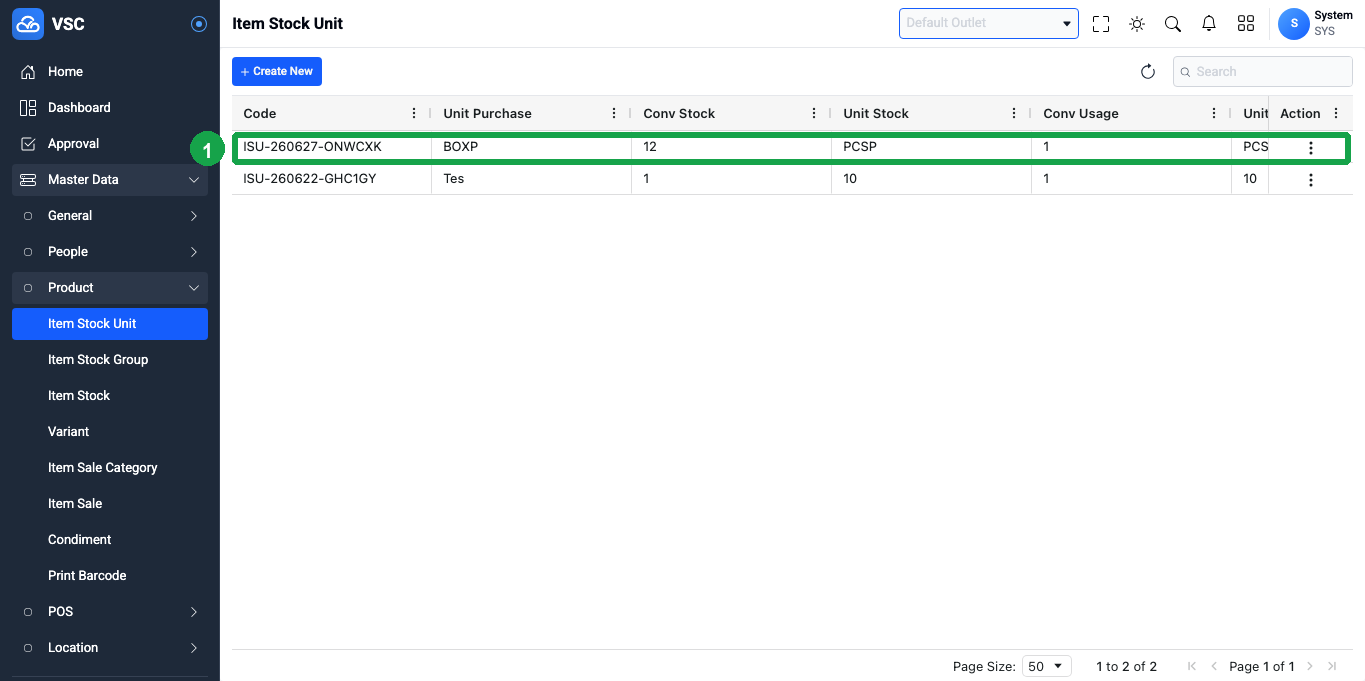 Hasil Create Item Stock Unit